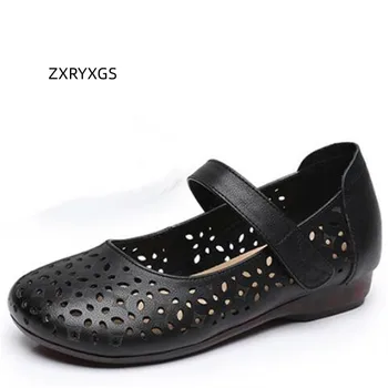 ZXRYXGS Премиум-клас от естествена кожа, Дишаща Удобни Дамски Обувки, Сандали на равна подметка, Мода Големи Размери 2023, Нови Ежедневни Сандали