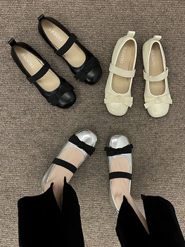 Дамски обувки на равна подметка 2023, пролет и есен, нови балет апартаменти с кръгло бомбе и фин пръсти, Мери Джейн, лък