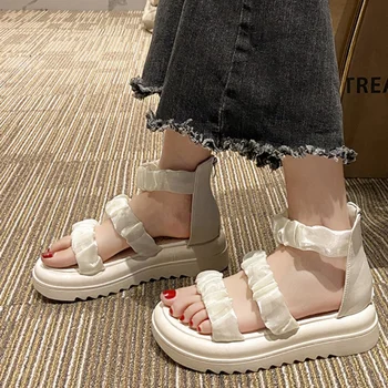 Дамски сандали с отворени пръсти 2023, Лятна дамски обувки, Римски Сандали на платформа с цип отзад за жени, Улични ежедневни дамски сандали с плоска подметка