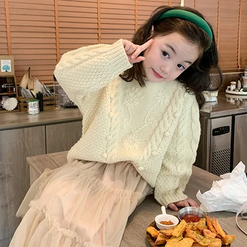 Детски пуловери 2023, Есента Корейски Нов пуловер, за момиче със сладък ръчно изработени бродерии, Детски пуловер с топки за момичета, Свободни детски блузи