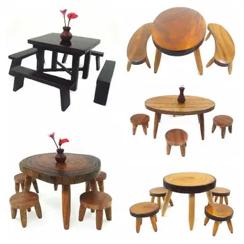 Дървена куклена къща, бюро и стол Набор от Аксесоари за кукли в мащаб 1: 12, Мини-маса за хранене, Модел сцена за игра вкъщи, Миниатюрни мебели
