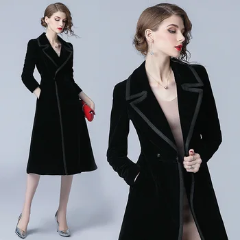 Жена ново модно палто известни личности 2023 г., черно кадифе ветровка е със средна дължина за жени