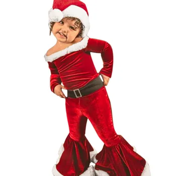 Коледен Комплект Дрехи за Cosplay, Дядо Коледа, Коледа, мек вълнен плат, гащеризон с дълъг ръкав За момичета, Разкроена Панталони-клеш, Комплект шапки 아동 상하복 세트