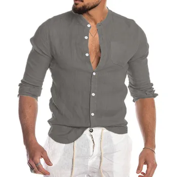 Мъжка риза с дълъг ръкав, отгоре от лен, Модни и ежедневни блуза, монофонични жилетка с висока яка, палта, Есенно-пролетно облекло копчета За мъже