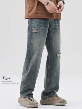 Мъжки Пролетни Скъсани дънки Градинска дрехи-високо Качество, Реколта директни дънкови панталони 2023, Корейски модни удобни панталони D18