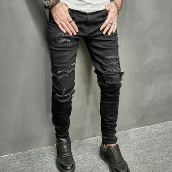 Нови мъжки Стегнати дънки-молив с дупки, мъжки улични стилни скъсани обикновена дънкови панталони в стил хип-хоп