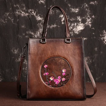 Чанта през рамо от телешка кожа на Първия Слой, женствена чанта с цветни релефни, Висококачествени дамски чанти-незабавни посланици в ретро стил от естествена кожа